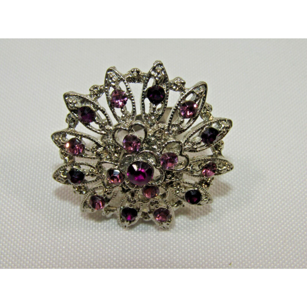 VTG Purple Floral Rhinestone Adjustable Ring 7 3/4" Silver Tone Elegant Retro